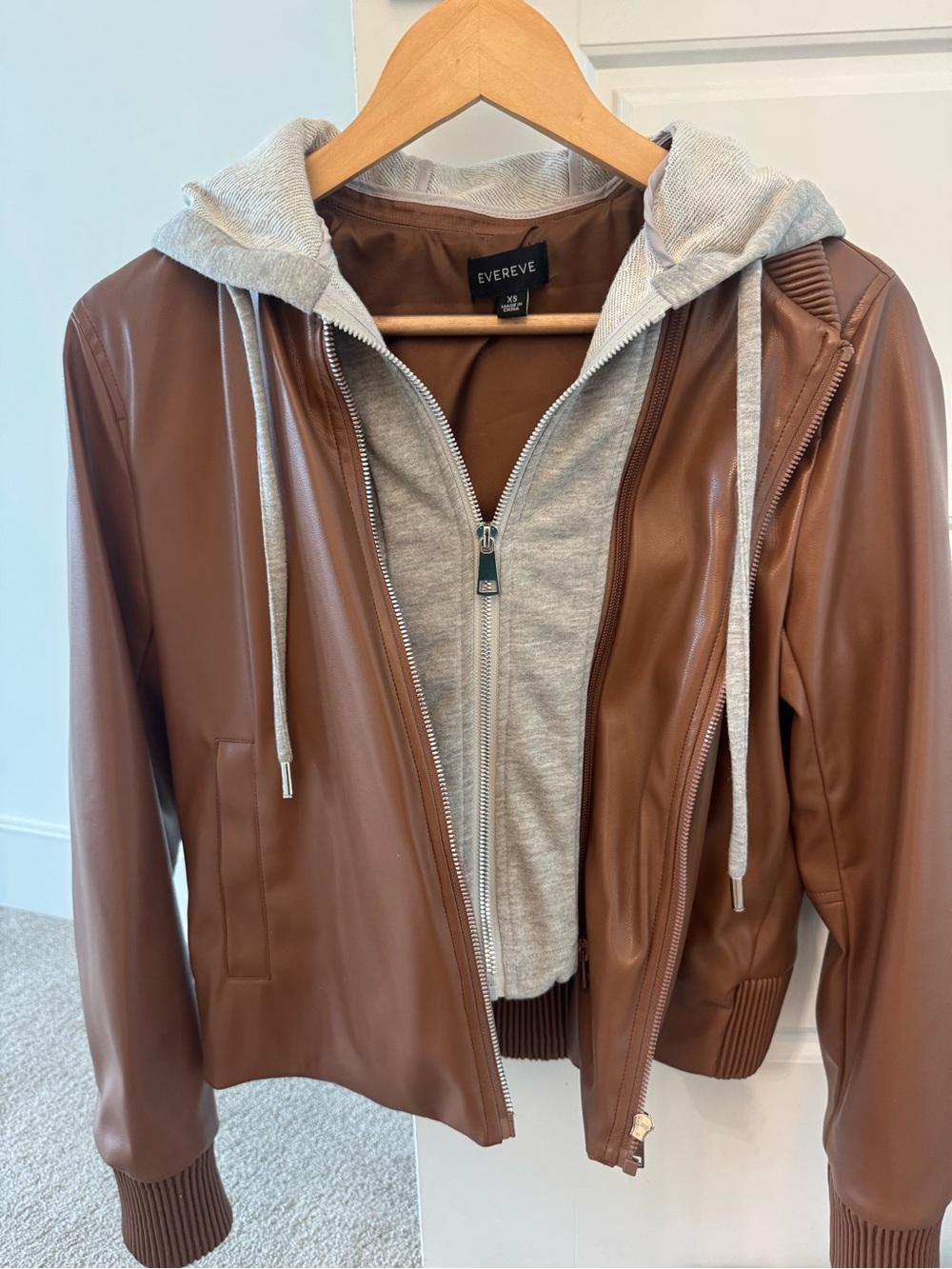 Evereve Brown Faux Leather Bomber with Gray Attached Hoodie